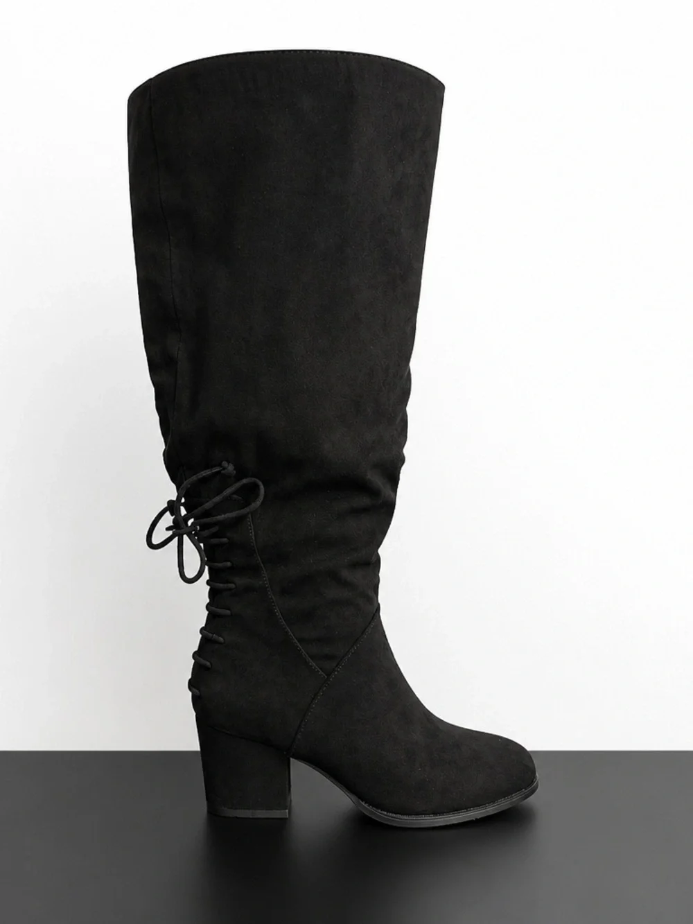 Journee Leeda Black Suede Over-The-Knee Lace-Back Block Heel Boots 8.5 Xtra Wide